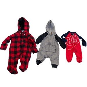 Lot of 3 Newborn 0-3 mos Baby Clothes Nike Buffalo Plaid Fleece Hooded Warm GUC